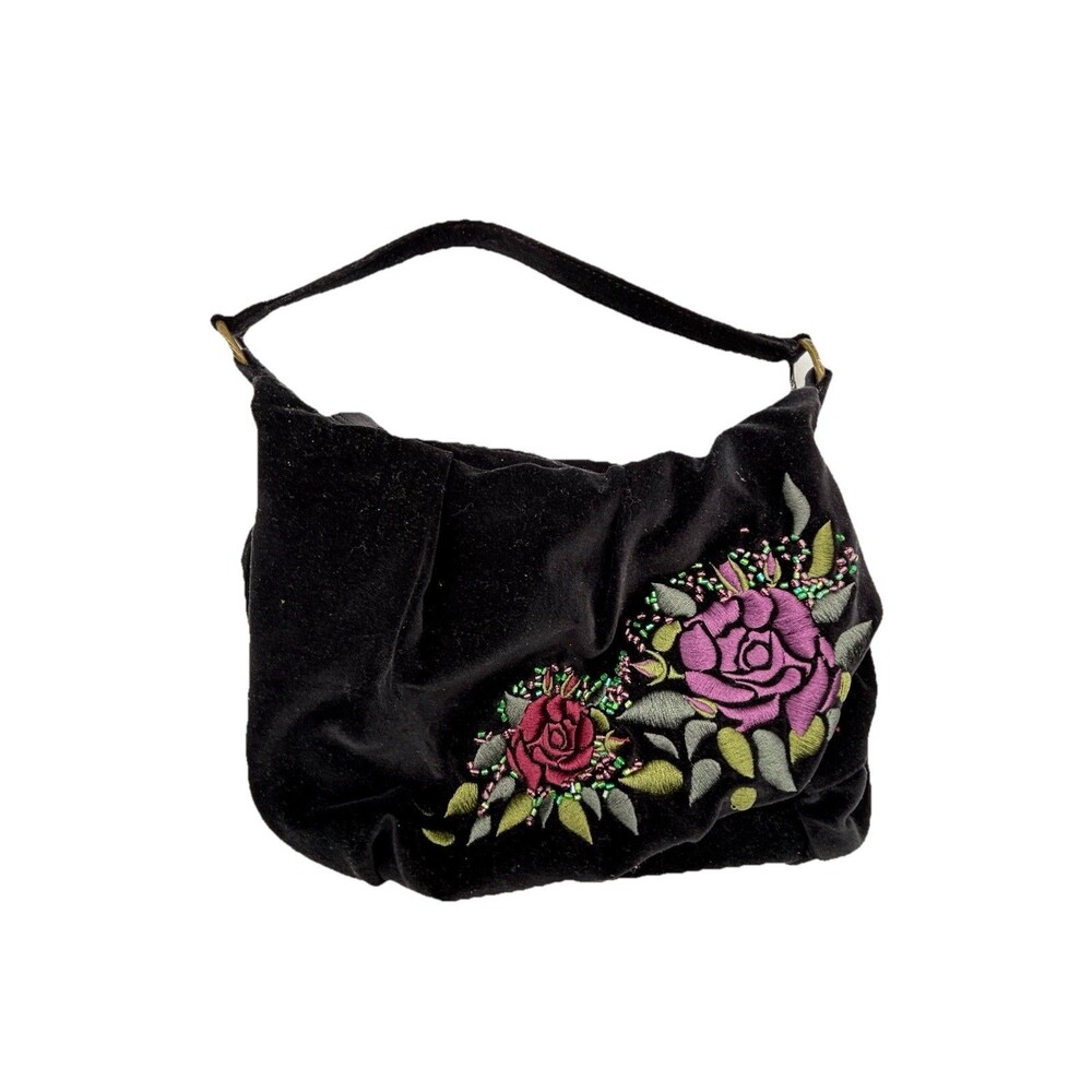 VTG Velvet Shoulder Bag Purse Black  Floral y2k Embroidered Beaded Small
